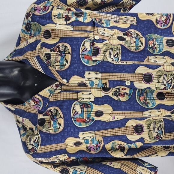 Vintage Regular Joe USA Ukulele & Hawaiian dancer blue XL casual button-upshirt - Picture 1 of 5